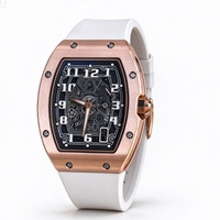 Montre mécanique pour homme en or rose ajourée en forme de baril de vin, bracelet en caoutchouc blanc, montre-bracelet pour homme d'affaires