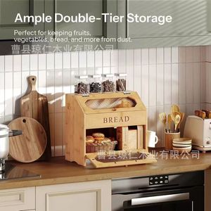 Boîte à pain en bambou à double couche avec couvercle, rangement de cuisine pour collations et desserts - Product Image 2