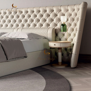 Italian Modern Luxury Solid Wood <b>Frame</b> Grery Genuine Leather King <b>Size</b> Double <b>Bed</b> - Product Image 3