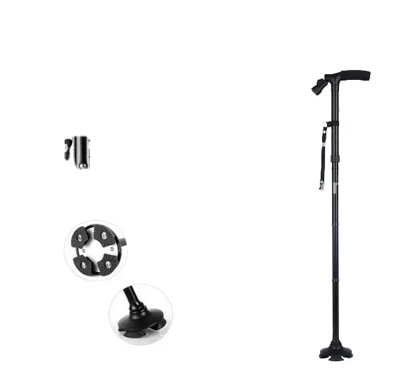 73.5-95.5cm Multifunction Smart Cane Outdoor Walking Stick with Stable Four Legs & LED Lamp