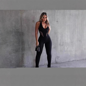 2025 été femmes décontracté Yoga combinaison col bas serré sans manches licou taille haute couleur unie maigre résille combishorts - Product Image 2
