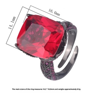Fashion Jewelry Eco-friendly Copper Black Gold Plated Statement 14*16MM Red Zircon Imitation Color Gemstone Ice Cut <b>Ring</b> - Product Image 2
