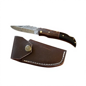 Cuchillos Rajput de Acero de Damasco de Grado Industrial, Cuchillo de Caza con Mango de Madera y Funda de Cuero, Hoja de Punta Caída OBM, Borde Recto - Product Image 4