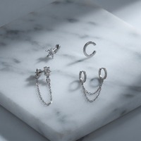 Set Anting Emas 18K Lapis Baja Tahan Karat 316L, Model Bunga, Stud CZ, Huggie Hoops dengan Rantai, Perhiasan Minimalis untuk Tindik Tulang Rawan