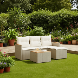 Ensemble de canapés de jardin modulaires en rotin polyéthylène beige, mobilier d'extérieur au design contemporain avec coussins en mousse haute densité - Product Image 2