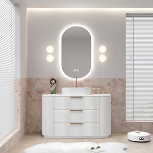 Mueble de Baño Personalizado al por Mayor, Color Blanco Crema, <span class=keywords><strong>con</strong></span> Lavabo Integrado y Espejo Ovalado LED Inteligente Antivaho - Product Image 1