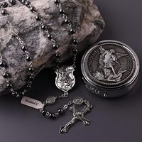 Collier chapelet en hématite noire et tungstène avec perles en pierre, Saint Michel Archange, avec boîte cadeau en métal pour homme