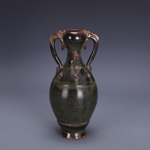 Jarrón de Porcelana Antiguo de la Dinastía <span class=keywords><strong>Song</strong></span>, Estilo Horno Yue, Esmaltado al Estilo Té, con Doble Asa y Forma de Tambor, Envejecido Artificialmente, Adorno Coleccionable - Product Image 1