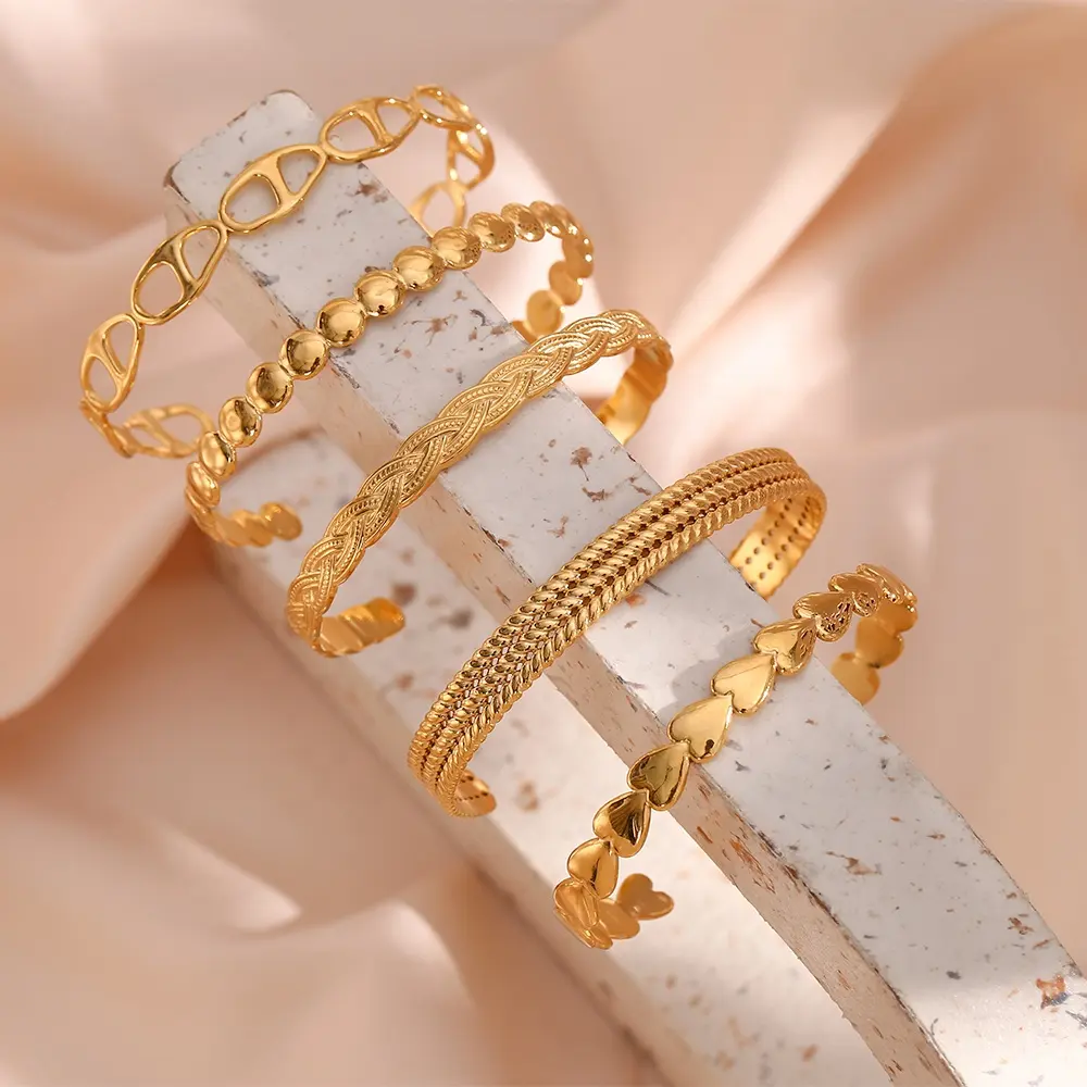 Conjunto de pulseira de aço inoxidável, pulseira e bracelete da moda ajustável aberto 18k banhado a ouro pulseira