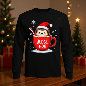 T-shirt à manches longues de Noël Hedge Nog avec un adorable hérisson Père Noël - Product Image 3