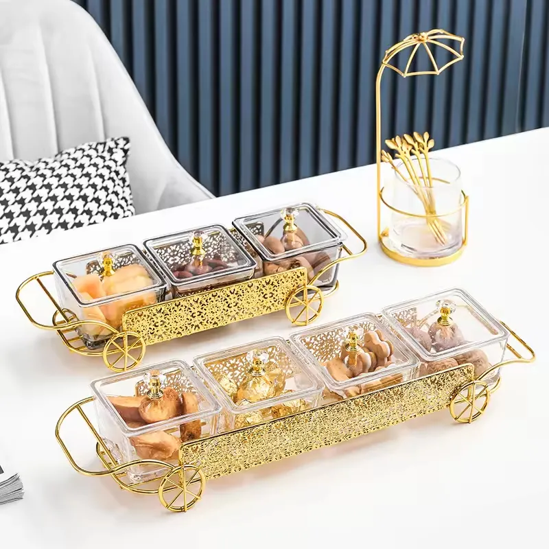 Glass Fruit Tray Sets Modern Design Creative Glass Grid Tray Snack Plate Box With Carriage Shape Stand