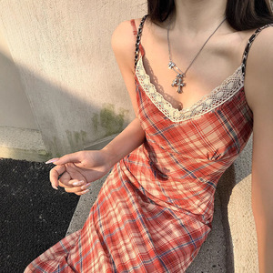Lace V-neck Red Plaid Suspender Dress For Women Tight Waist Bodycon Long Casual Dress Holiday Celebration Style - Product Image 1