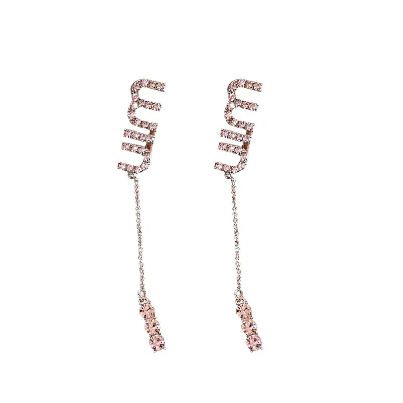 Silver needle full diamond letter long earrings temperament chain earrings personalized design earrings for women