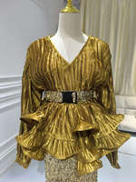 S3620N Nouvelle Collection 2026 – Ensemble Chic Femme : Chemise Dorée à Manches Lanterne, Col en V et Ourlet Volanté, Jupe Longue à Paillettes Taille Haute / Robe de Soirée