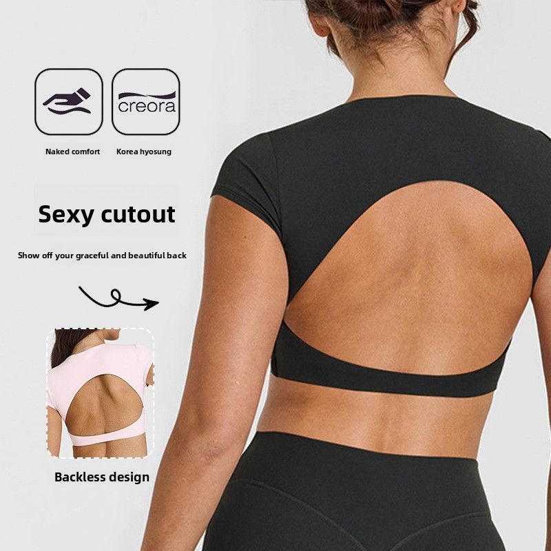 Summer Sexy Breathable Backless Women's Sports Top with Chest Pads for Material Short Sleeve for Yoga & Pilates Fitness