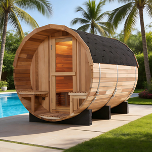 Sauna de Barril de Cedro Rojo Premium para Exteriores - Calentador de 6KW, 6 Plazas, Techo Impermeable y Bancos Dobles en el Porche - Product Image 5