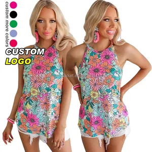 Custom logo summer halter sleeveless T shirts sublimation cute multicolor floral print graphic tank tops women