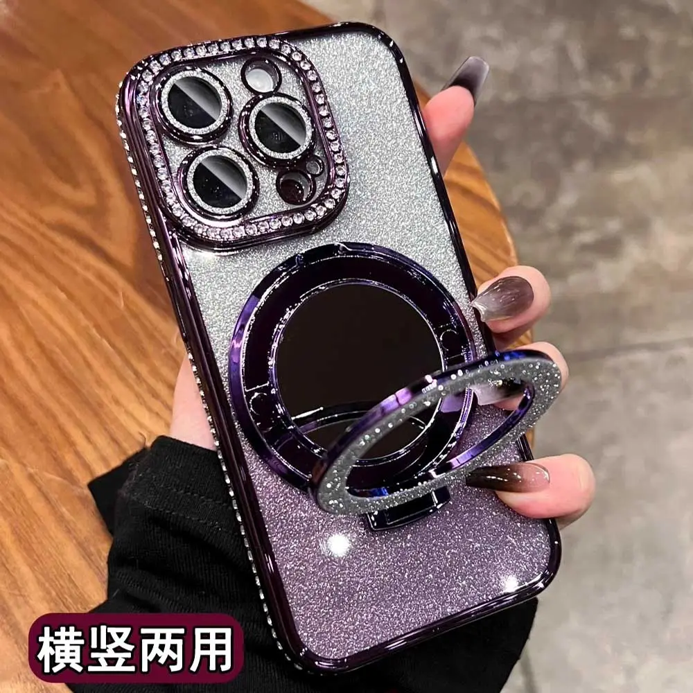 Plating Glitter Diamond With Make-up Mirror Ring Holder Stand Magnetic Cover Case for iphone 15 Pro Max 14 13 12 11 for iphone15