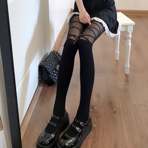 White Faux Thigh High Stockings With Ribbon Bow Detailing Breathable Shaping Women's Transparent Cross Bow Design - Product Image 4