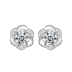 Wholesale White Gold 925 Sterling Silver Bling 5A Cubic Zirconia Flower Stud Earrings for Women