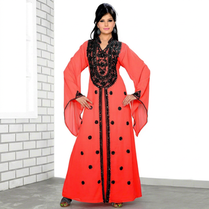 AWAIS HOUSE Women's Coral <b>Chiffon</b> Polyester Floor-Length A-Line Kaftan Evening/Formal V-Neck Long Sleeve Embroidered Natural - Product Image 1