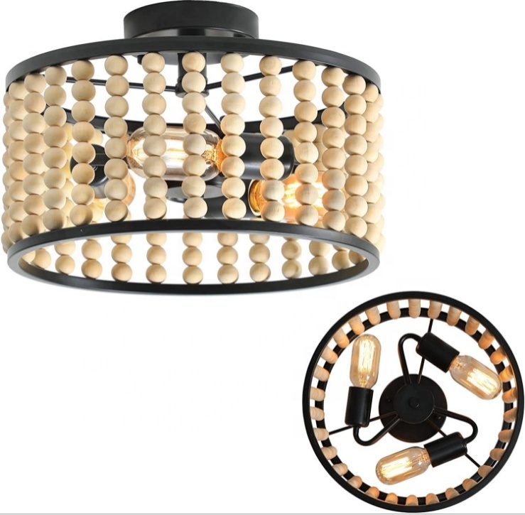 Simple design metal modern pendant light wooden beads pendant lamp for home decoration