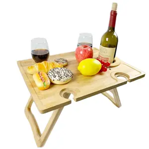 Camping Picnic Wine Beach Table Foldable Meja Lipat Mesa Dobravel Bamboo Picnic Table Outdoor With Cup Holder