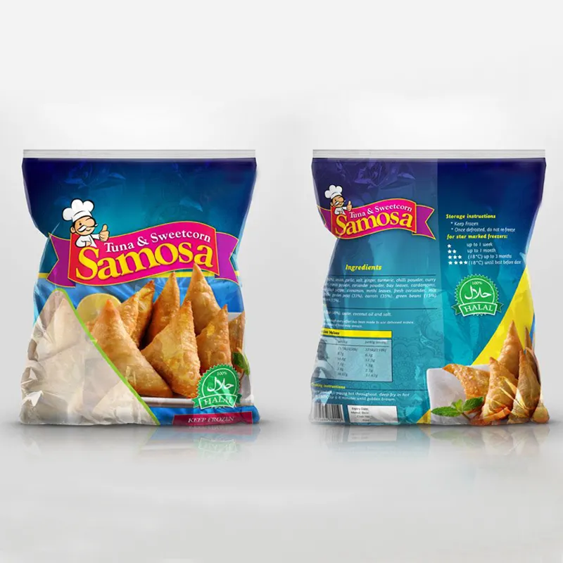 Custom printing design 3 side back seal frozen samosa empty flexible plastic packaging bag for freezer food with clear window