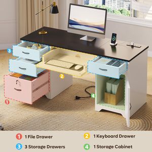 Bureau d'ordinateur moderne blanc avec dessus noir, tiroirs de rangement et armoire pour poste de travail à domicile - Product Image 4
