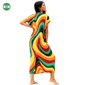 Abito Lungo Kaftano con Stampa Fluida Colorata Personalizzata, Scollo a V, <span class=keywords><strong>Maniche</strong></span> Corte, Spacco Posteriore, Copricostume da Spiaggia per Donne - Product Image 2