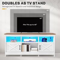 Meuble TV blanc en bois style ferme pour téléviseur 75 pouces, centre de divertissement avec éclairage LED, prises de courant et armoires de rangement