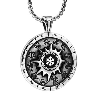Stainless Steel Twelve <b>Constellation</b> Compass Pendant <b>Necklace</b> Men's Fashion Jewelry Gift Retro Style 60cm Chain - Product Image 1