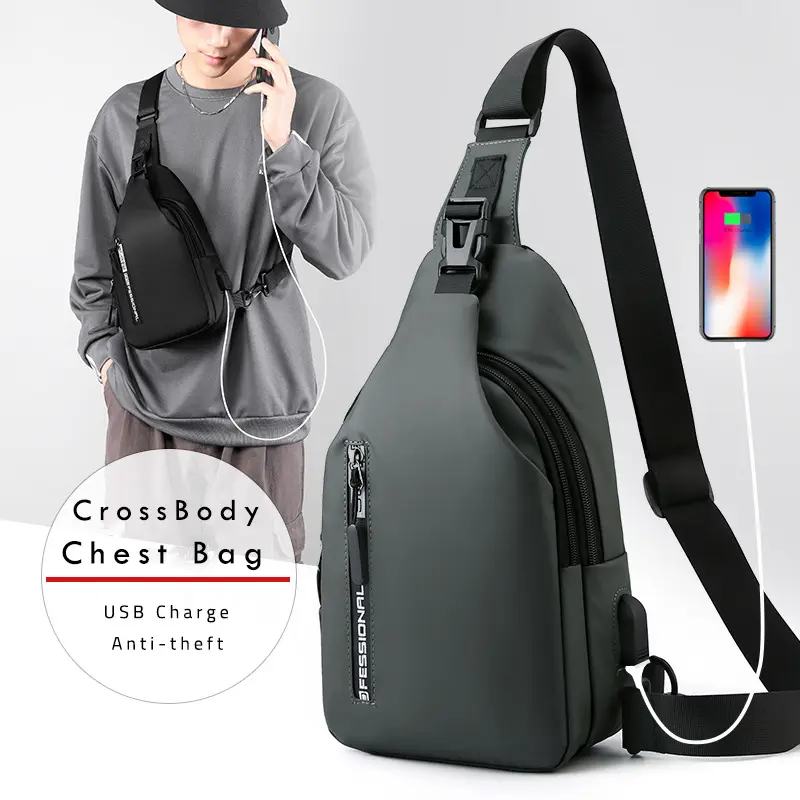 Tas Dada Selempang Mendaki Pria Tahan Air dengan Pengisi Daya USB Tas Dada Anti-maling Tas Bahu Messenger Perjalanan Pendek Pria