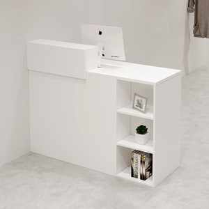 Bureau d'accueil minimaliste moderne avec étagère de rangement, finition blanche et bois, pour bureau ou salon - Product Image 5