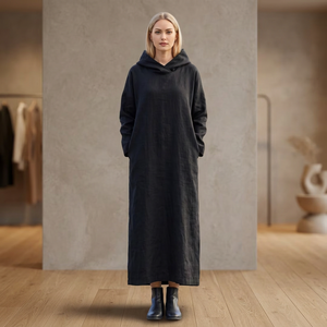 Robe longue en lin et coton à col bénitier, couleur unie, respirante, à manches longues et à capuche pour femme - Product Image 5