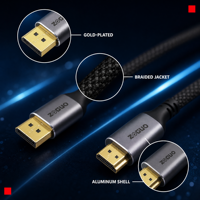 Câble adaptateur DP vers HDMI mâle-mâle avec conducteur en cuivre nu et gaine tressée en nylon pour ordinateur portable, moniteur, HDTV