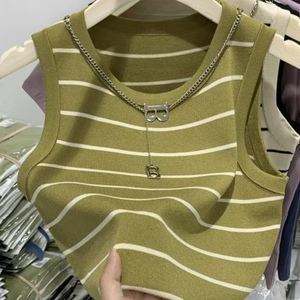 High Quality Women's Summer Silk Sweaters New Slim Contrast Color <b>Striped</b> Fashion Sleeveless Knitted <b>Vest</b> <b>Tops</b> - Product Image 2