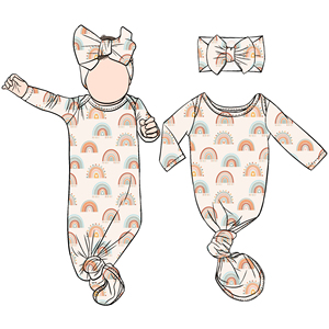 كيس نوم مخصص مطبوع للأطفال حديثي الولادة ثوب طفل معقود ثوب طفل معقود مع عصابة رأس بفيونكة كبيرة - Product Image 1