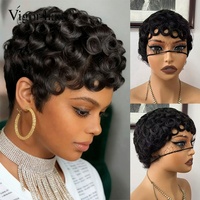 Wig Keriting Tanpa Lem Grosir dengan Poni, Rambut Manusia Gelombang Keriting Virgin Brasil, Wig Pixie Cut Tanpa Lace untuk Wanita