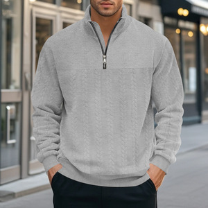 Suéter de punto trenzado texturizado con media cremallera para hombre, nueva moda otoño-invierno 2026, jersey casual de color liso, tops para hombre, venta al por mayor desde China. - Product Image 3