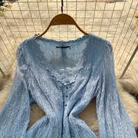 Robe longue décontractée pour femme, coupe trapèze, avec empiècements en dentelle, manches longues, col en V, à volants, élégante, ample et fluide, idéale pour les vacances et le quotidien
