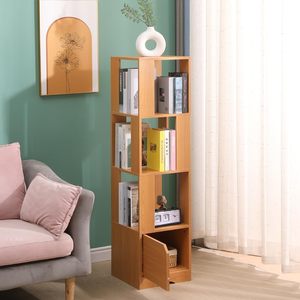 Tree 4-Tier Bookshelf Corner <strong>Slim</strong> Storage <strong>Shelf</strong> with Door, 136cm Tall Bookcase Shelving <strong>Unit</strong> - Product Image 1