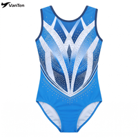 Justaucorps de gymnastique sans manches en spandex bleu mystique avec strass pour femme, idéal pour la danse et l'entraînement, personnalisable, vente en gros