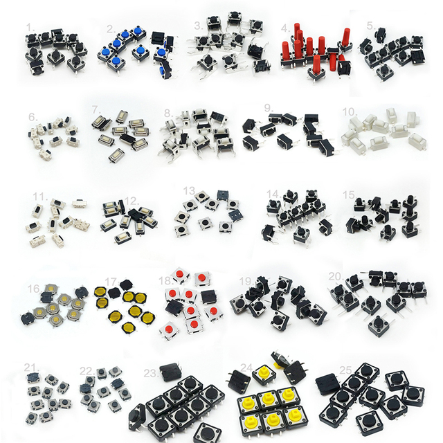 125pcs 25Types Lot Assorted Micro Push Button Tact Switch Reset Mini Leaf Switch SMD DIP 2X4 3X6 4X4 6X6 Diy Kit huakeshengyeic