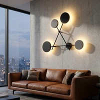 Applique Murale LED Minimaliste Nordique Géométrique à 4 Têtes Rondes Effet Halo, en Fer Noir, pour Chambre, Salon, Couloir