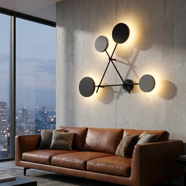 Nordic Minimalist LED Wall Lamp Geometric 4 Round Heads Halo Glow Black Iron Art Sconce for Bedroom Living Room Hallway Decor