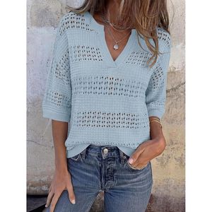 Tops de ganchillo para mujer, cuello en V, suéter holgado de manga corta, para verano y playa - Product Image 2