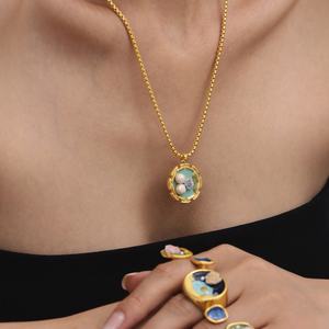 BINSHUO renkli damla yağ kolye gerdanlık takı paslanmaz çelik işık lüks çiçek inci kolye kadınlar için - Product Image 1