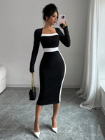 Robe élégante pour femmes européennes et américaines, col carré, manches longues, coupe ajustée, avec détails sur les hanches, style chic.