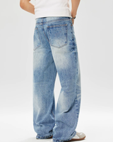 Pantalon long en denim bleu clair délavé, coupe droite, taille mi-haute, coupe en A, résistant, anti-poils de chat, poids moyen américain 14 oz, coupe ample